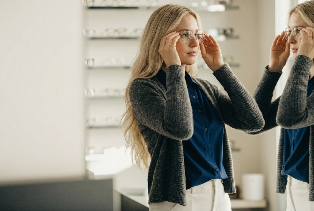 Woman at Eye Doctor picking out glasses.
