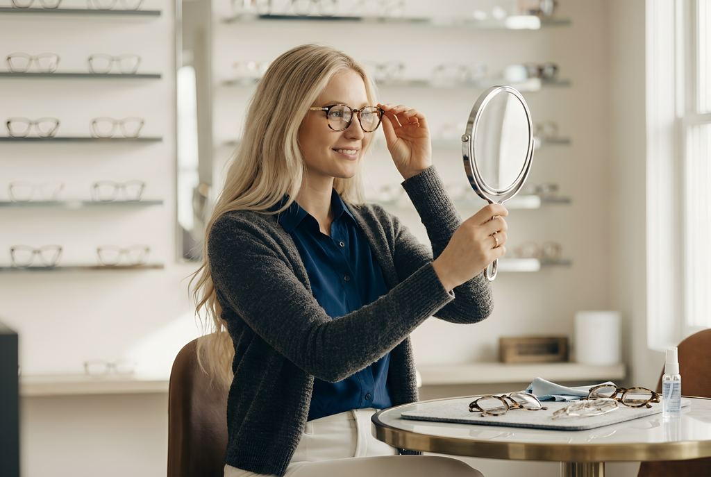 Woman at Eye Doctor picking out glasses.