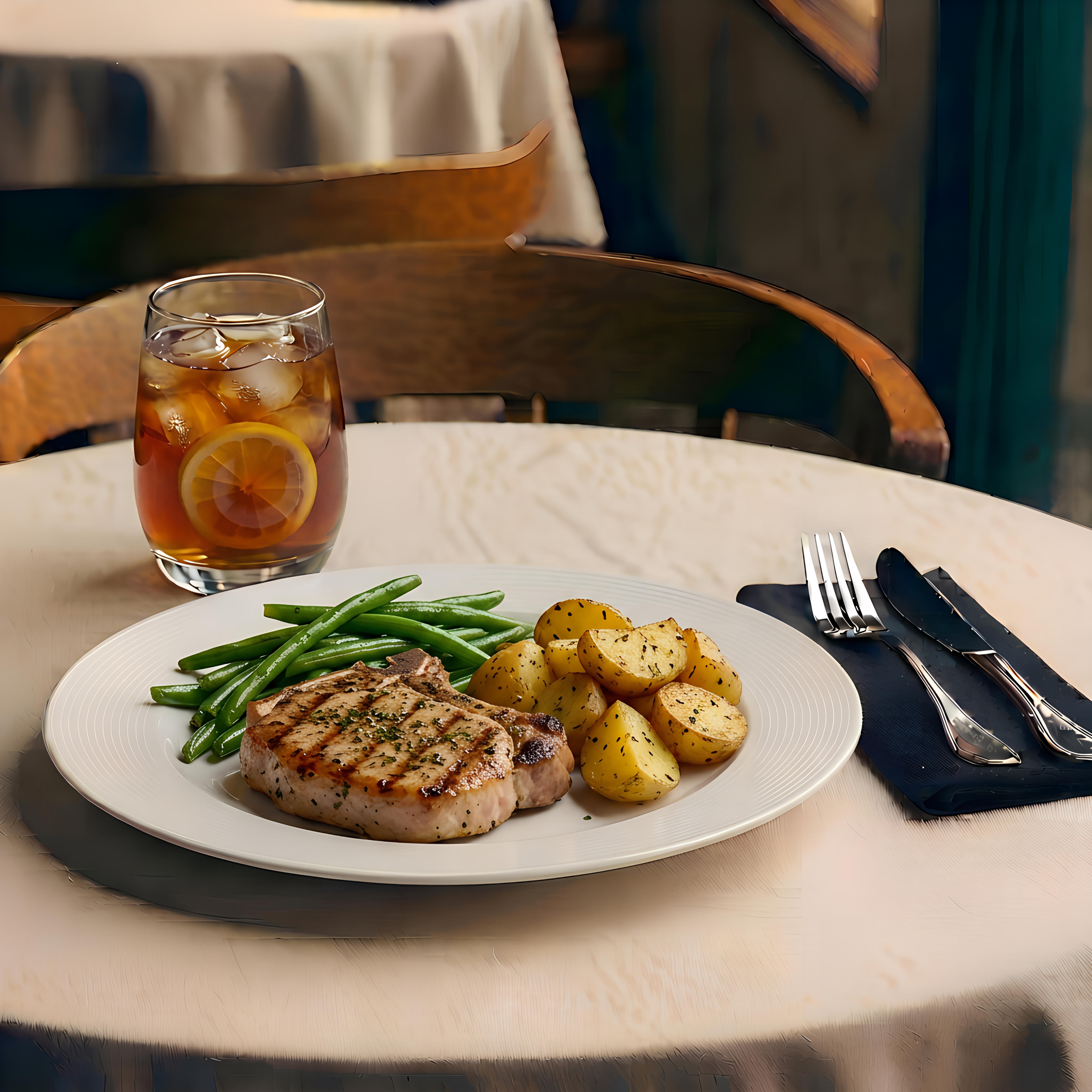 Pork Chop with Potatoes and Ice Tea - Digital Image