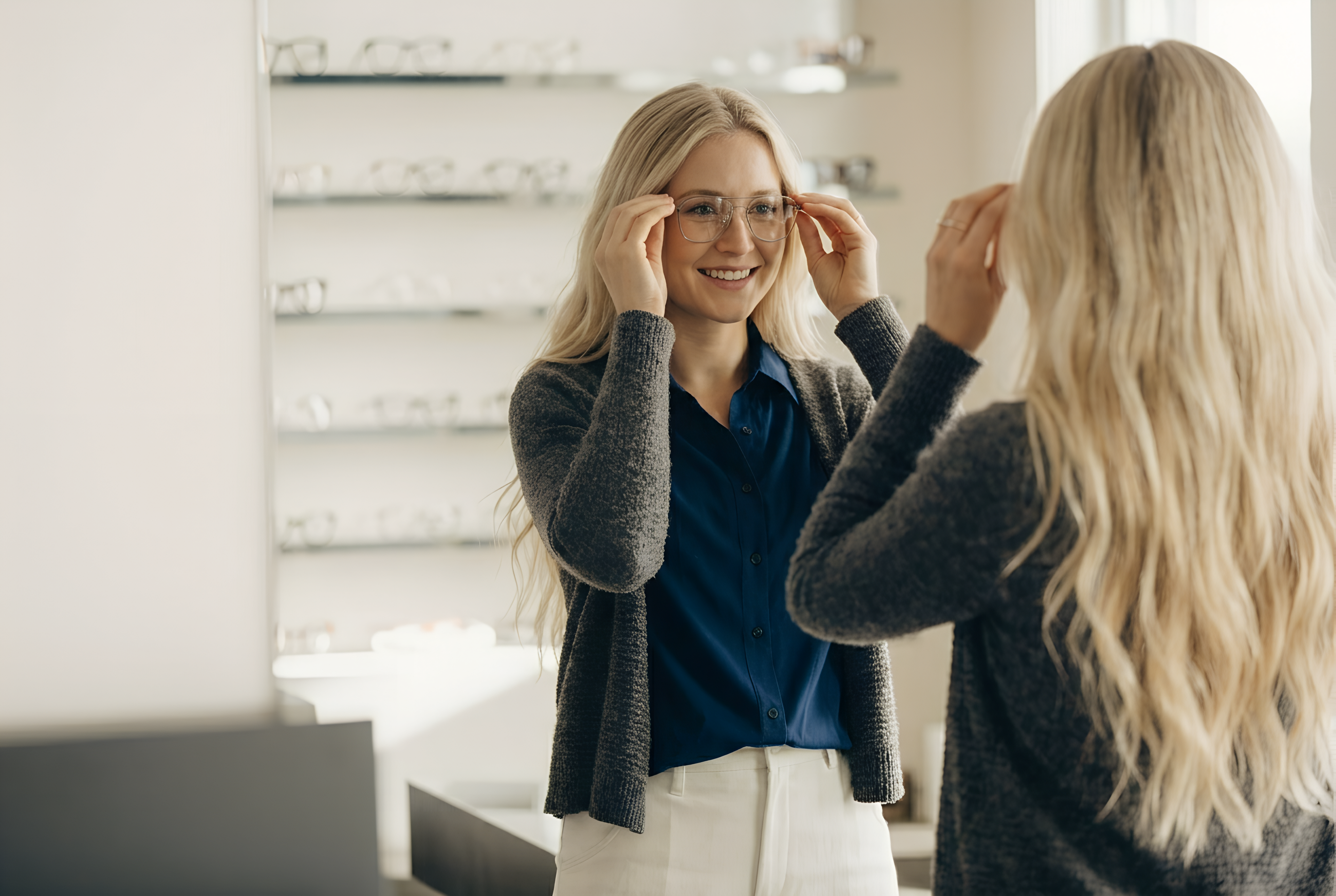 Woman at Eye Doctor picking out glasses.